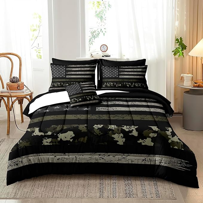 Bedbay American Flag California King Comforter Set Bed in a Bag Camouflage USA Flag 8 Pcs Camo Bedding Set with 1 Comforter 4 Pillowcases 1 Flat Sheet 1 Fitted Sheet 1 Cushion Cover(Camo,Cal-King)