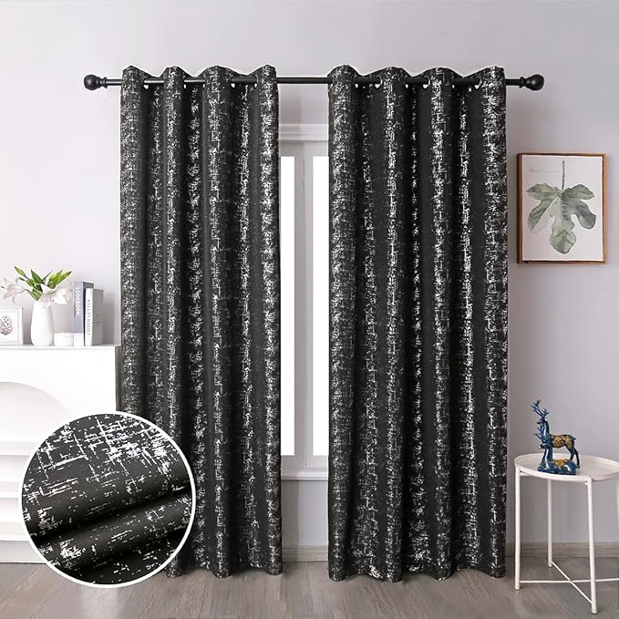 Taisier Home Silver Foil Print Linen Textured Curtains - Geometric Dots Pattern Design for Nursery, Toy Room - Thermal Insulated Window Treatment, 2 Panels, 63" L, Black and Silver