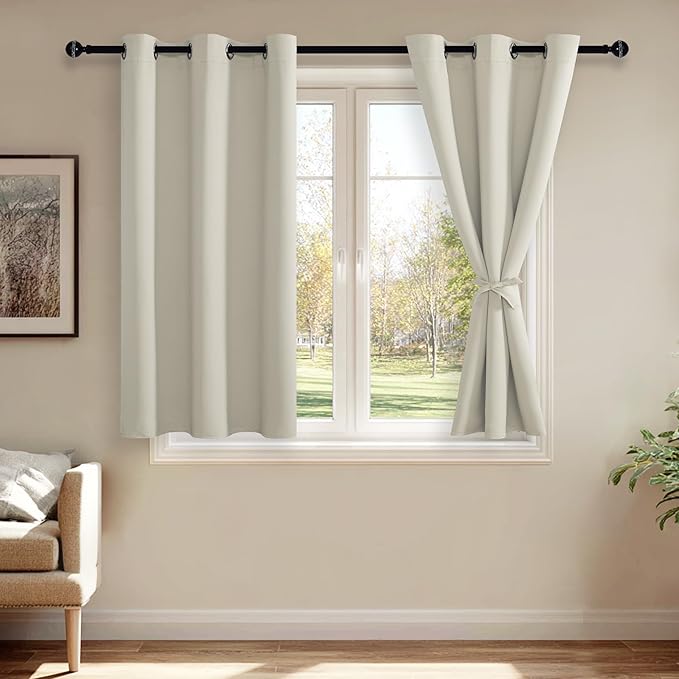 JIUZHEN Ivory Blackout Curtains with Tiebacks - Thermal Insulated, Light Blocking and Noise Reducing Grommet Curtains for Bedroom and Living Room, Set of 2 Window Curtain Panels, 42 x 45 Inch Length
