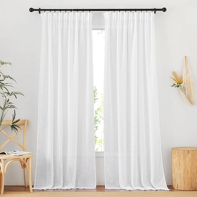 NICETOWN White Linen Curtains 95 inches Length 2 Panels Rod Pocket & Back Tab Pinch Pleated Burlap Semi Sheer Privacy with Light Filtering Window Covering for Bedroom/Living Room, W52 x L84
