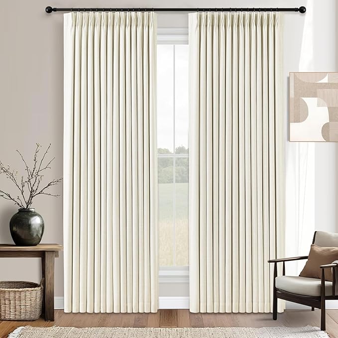 YZ HOME Linen 100% Blackout Pinch Pleated Curtains 108 Inches Long 2 Pages for Living Room Cream Back Tab Thermal Insulated Black Out Drapes Living Room High Ceiling Length 9 Ft, Cream Beige