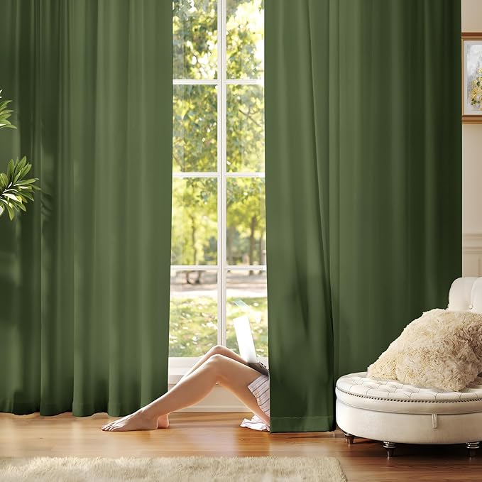 Anmao Non-See-Through Olive Green Privacy Semi Sheer Curtains for Living Room 72 Inch Length 2 Panels Set, Light Filtering That Let Light in Rod Pocket Window Drapes for Bedroom, 52W x 72L, Dark Green