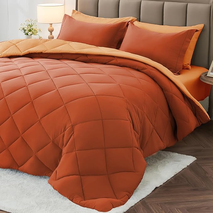 MUXHOMO 7 Pieces Full Comforter Set, Reversible Bed in a Bag Full Size, All Season Bedding Set with Comforter, Flat Sheet, Fitted Sheet, Pillowcases & Shams, Burnt Orange & Camel