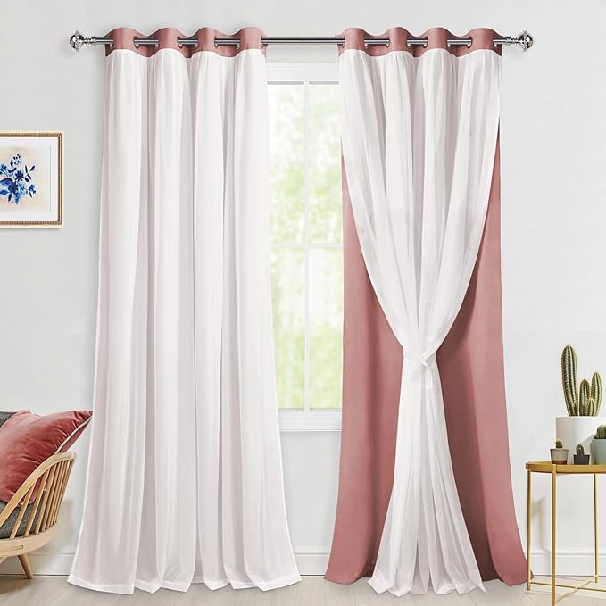 Hiasan Mix & Match Blackout Curtains with Sheer Overlay, Double Layer Thermal Insulated Privacy Grommet Window Curtains for Girls Bedroom,Living Room,2 Drape Panels with Tiebacks,Dusty Rose,52W X 96L