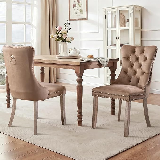 SoarFlash Velvet Dining Chairs Set of 2, Tall Back Side Chair, Modern Upholstered High-end Tufted Side Chair with Button Back Ring, Solid Wood Legs (Khaki)