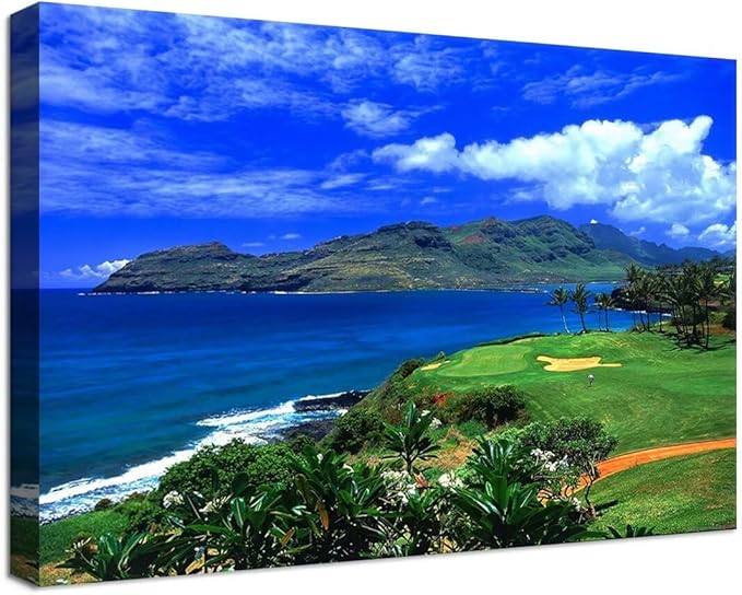 chenchenArt Lagoons Golf Course Wall Art for Living Room Bedroom Bathroom Home Decoration Hawaii Ocean Golf Course Picture Poster Canvas Prints Modern Artwork Framed Ready to Hang(24''H x 36''W)