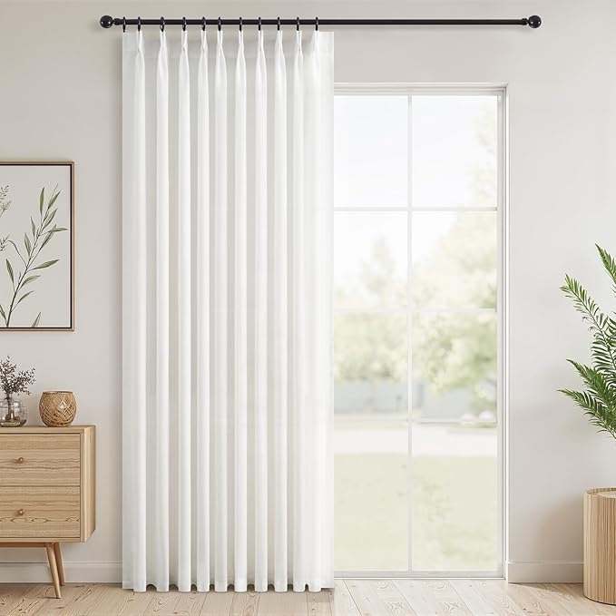 Topfinel 102 Inches Long Pinch Pleated Semi Sheer Curtains,White Linen Blended Light Filtering Window Curtains 102 Length for Living Room Bedroom Pinch Pleat Drapes with Hooks 1 Panels 60" Wx102 L