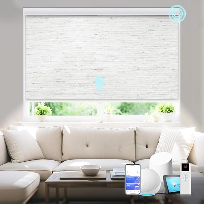 Motorized Blinds with Remote Smart Blackout Shades Electric Curtains Automatic Roller Blinds Shades for Indoor Windows Cordless with Alexa Google Home(Blackout Sandy Beach,W50.5X H62)