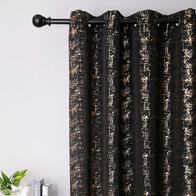 Taisier Home Gold Foil Print Linen Textured Curtains Geometric Dots Pattern Design Curtains for Nursery Toy Room Thermal Insulated Window Treatment 2 Panels 45" L,Black and Gold Curtain Print