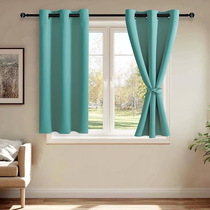 JIUZHEN Blackout Curtains with Tiebacks - Thermal Insulated, Light Blocking and Noise Reducing Grommet Curtain Drapes for Bedroom and Living Room, Set of 2 Panels, Turquoise, 38 x 54 Inch Length