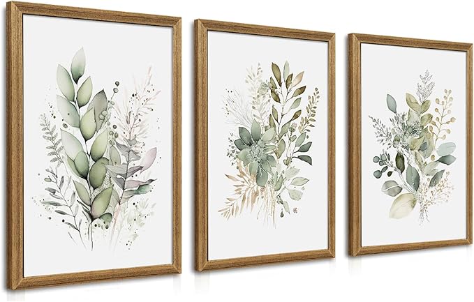 WRFON Watercolor Botanical Wall Art Set of 3 Boho Sage Green Wildflower Canvas Wall Art Prints Modern Floral Wall Decor for Bedroom Living Room Bathroom Decorations Wood Framed 16x24 Inches