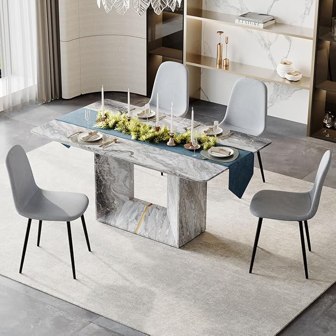 Dinner Table Set for 4, 5 Piece Dining Table Set with Chairs, 63" Faux Marble Modern Table with 4 Linen Fabric Chairs, for Kitchen & Dining Room
