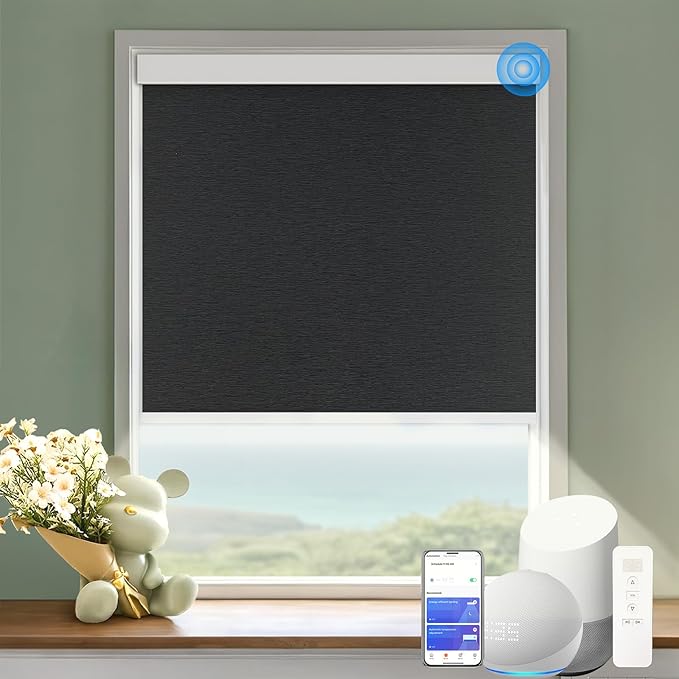 Motorized Blinds with Remote Cordless Automatic Motorized Shades Custom Blinds for Windows Smart Curtains Compatible with Alexa Google Home(Blackout Jacquard Black,W44 x H72in)