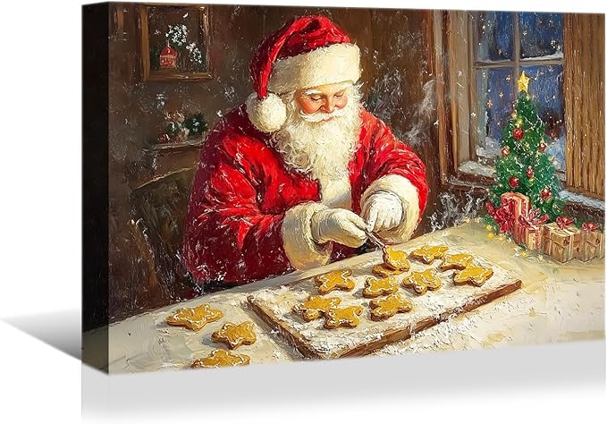 YONICA Christmas Wall Decor Santa Canvas Wall Art Home Decorations 40x28 Inches - Santa Pictures Santa Bakes Gingerbread Cookies Christmas Pine Tree Prints Winter Painting Xmas Artworks for Bedroom
