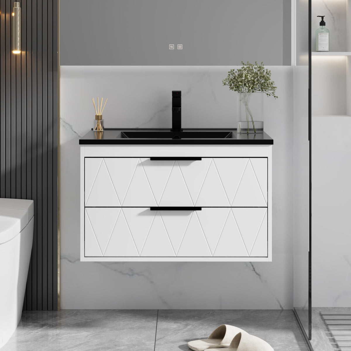 eclife 30" Floating Bathroom Vanity with Sink Combo, Modern Wall-Mounted Vanities Cabinet W/Decor Lines, Soft-Closing Drawers, Single Black Sink, Faucet & Drain, White