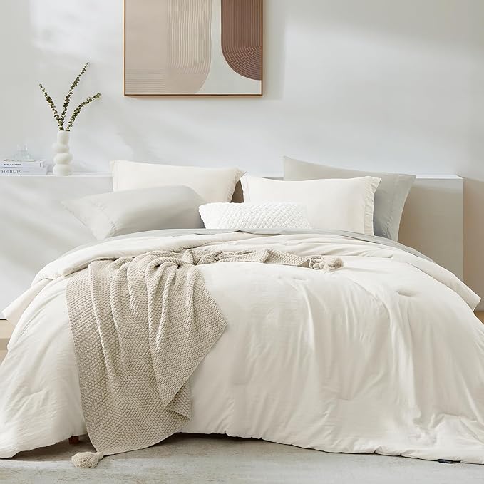 WRENSONGE King Comforter Set, 7 Pieces White Soft Bed in a Bag King with Fitted Sheet, Flat Sheet, 2 Pillow Shams, and 2 Pillowcases- Warm Bedding Set for All Season