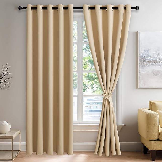 JIUZHEN Beige Blackout Curtains with Tiebacks - Thermal Insulated, Light Blocking and Noise Reducing Grommet Curtains for Bedroom and Living Room, Set of 2 Window Curtain Panels, 60 x 84 Inch Length