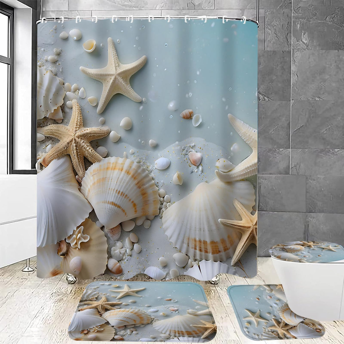 Chrainy 4pcs Sea Shellfish Shower Curtain Set with Rugs Blue Bath Decor