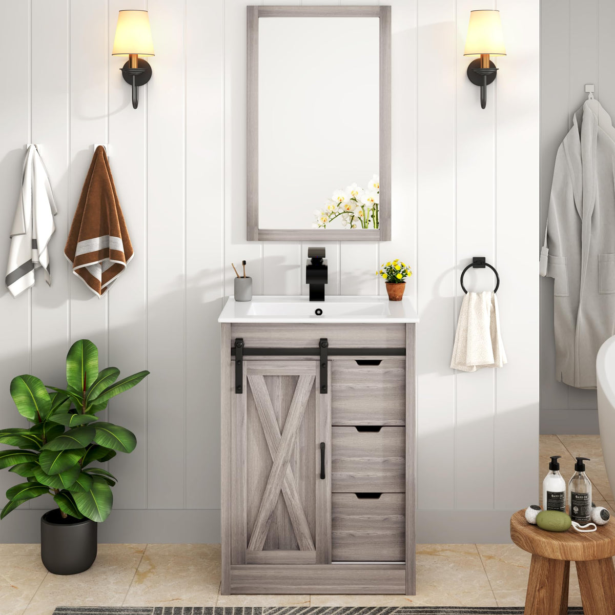 24" Farmhouse Bathroom Vanity with Sink & Faucet & Mirror, Gray