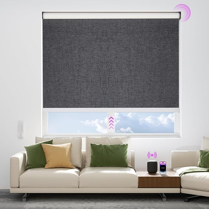 Astomi Motorized Blinds with Remote - Blackout Smart Roller Shades Compatible with Alexa & Goggle Home, Solar Rechargeable, Custom Size 22" - 100" for Indoor Window, Elegance Black