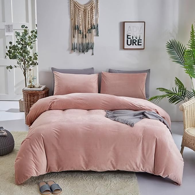 Houseri Pink Velvet Comforter Set California King Fluffy Light Bedding Sets Flannel Cal Rose Sherpa Oversized Warm Fuzzy Puffy Size Cal King(96''*104''-Comforter)
