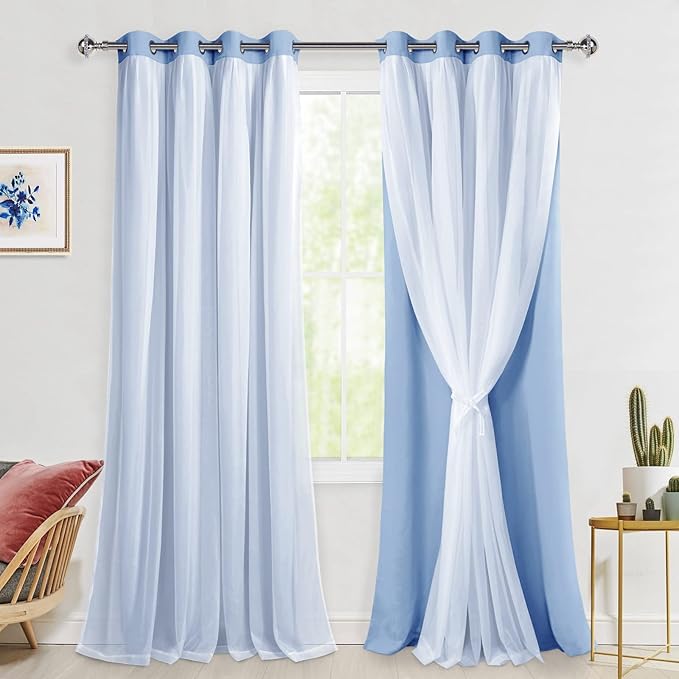 Hiasan Blackout Curtains with Sheer Overlay, Mix & Match Double Layer Thermal Insulated Room Darkening Curtains for Bedroom, Living Room, 2 Window Curtain Panels with Tiebacks, Baby Blue, 52W X 108L