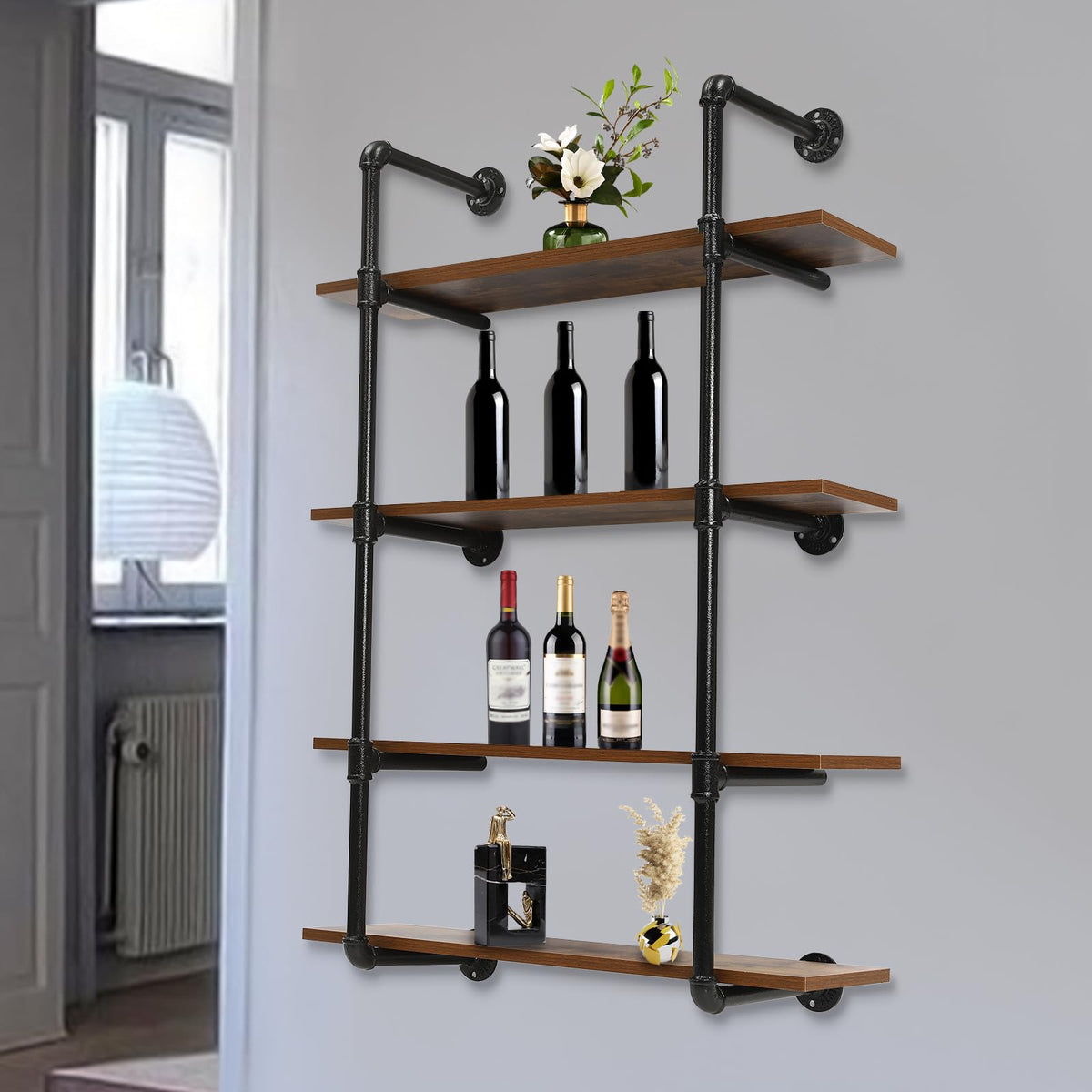 LOHISHILO 4 Tier 30in Industrial Pipe Shelving Wall Mounted Rustic Metal Floating Shelves Wall Shelf Unit Bookshelf Hanging Wall Shelves for Living Room, Supermarket, Bedroom, Bathroom, Kitchen Pantry