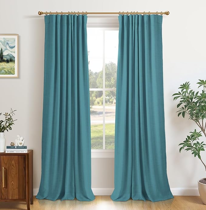 INOVADAY 100% Blackout Curtains for Bedroom, Black Out Curtains 108 Inch Long, Clip Rings Linen Blackout Drapes, Thermal Insulated Room Darkening for Living Room, 2 Panels - Teal,W50xL108