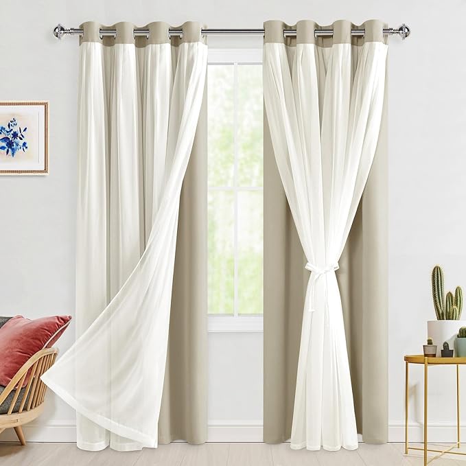 Hiasan Blackout Curtains with Sheer Overlay 84 Inches Long, Thermal Insulated Mix & Match Double Layer Window Curtains for Bedroom, Living Room, Nursery, 2 Panels Sewn with Tiebacks, Taupe, 52W X 84L