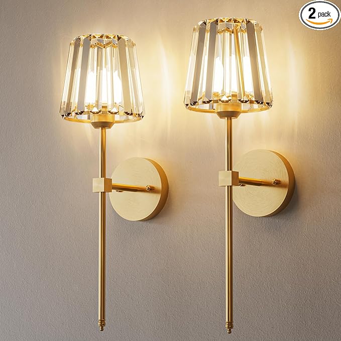 Crystal Battery Operated Wall Sconces Set of 2, Gold Rechargeable Wireless Wall Sconce Lights with Crystal Lampshade, 12 RGB and 3CCT Dimmable Wall Lamps with Remote for Bedroom Living Room Hallway
