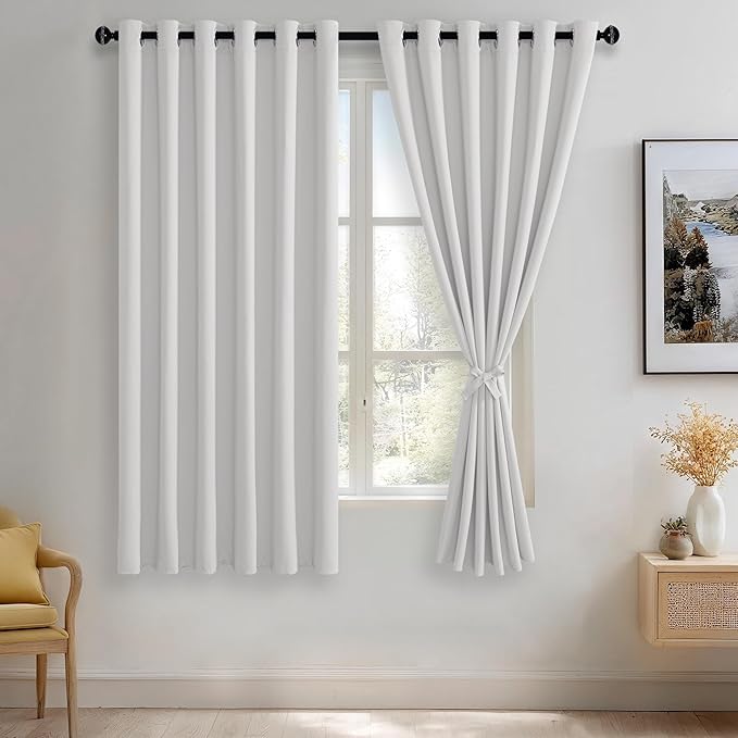 JIUZHEN Greyish White Blackout Curtains with Tiebacks Thermal Insulated, Light Blocking and Noise Reducing Grommet Curtains for and Living Room, Set of 2 Window Curtain Panels, 70 x 63 Inch Length