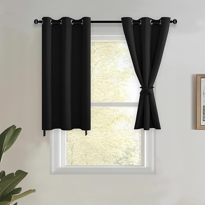 JIUZHEN Short Curtains Kitchen Half Window Blackout Curtains with Tiebacks for Baseroom Shadows, Grommet Curtains for Living Room, Set of 2 Window Curtain Panels, 42 x 36 Inch Length，Black