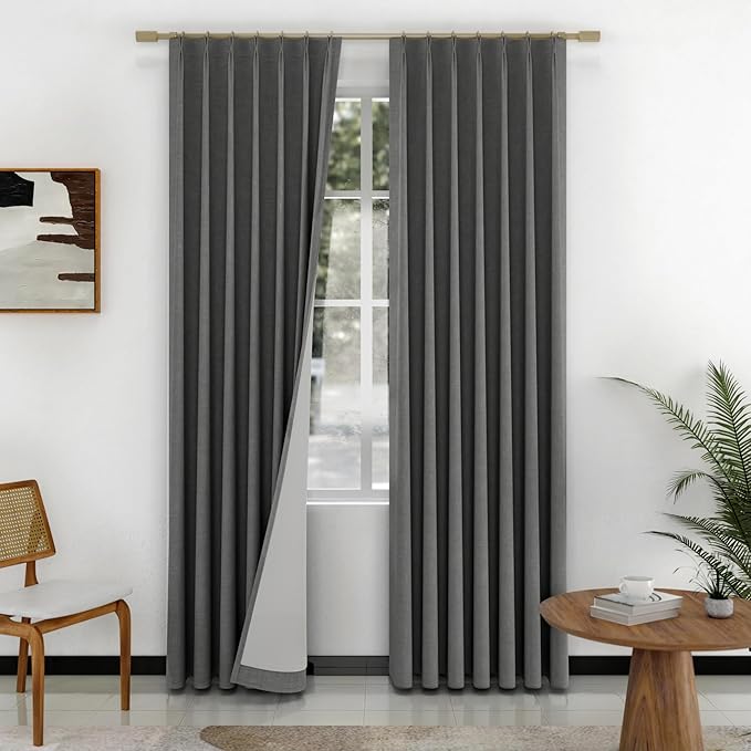 IVAPUPU Linen Pinch Pleated Full Blackout Curtains for Bedroom - 2 Pages Black Out Grey Curtains 63 Inch Long 2 Panel for Living Room Darkening Thermal Window Curtain Drapes with 16pc Hooks