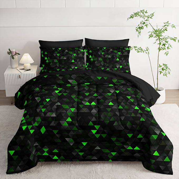 Geometric Green Black Triangle King Size Comforter Set,Light Honeycomb Bedding Set 7 Piece in A Bag,Bed Sheet Set Geometry Decor,Microfiber Lightweight All Season