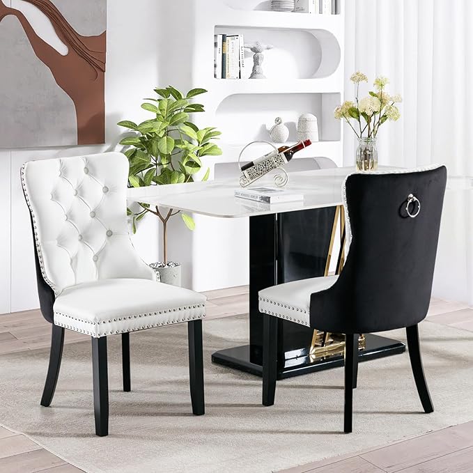 SoarFlash Leather Dining Chairs Set of 2, Tall Back Side Chair, Modern Upholstered Side Chair with Button Back Ring, Solid Wood Legs (Black&White)
