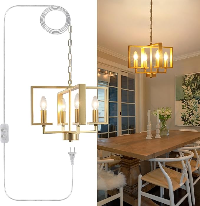 MEIJIA Hanging Lights with Plug in Cord, 4 Light Geometric Gold Plug in Chandelier with Cord 15FT & Switch, Plug in Hanging Light for Dining Room Living Room Kitchen Bedroom Gazebo