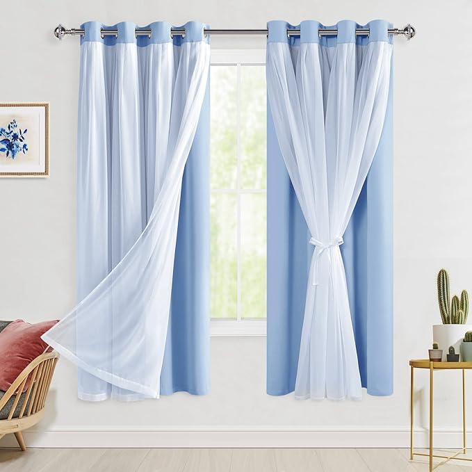 Hiasan Blackout Curtains with Sheer Overlay, Grommet Thermal Insulated Privacy Mix and Match Double Layer Window Curtains for Bedroom, Living Room, 2 Drape Panels with Tiebacks, Baby Blue, 52W X 63L