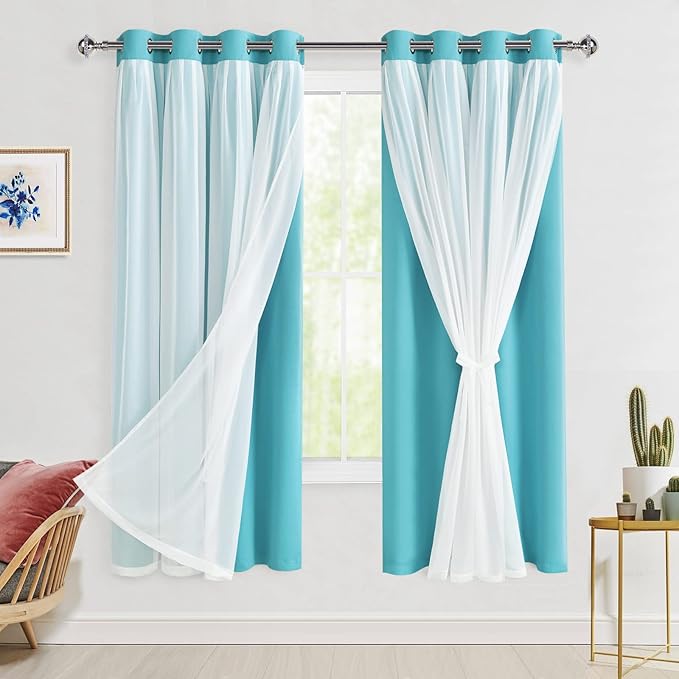 Hiasan Blackout Curtains with Sheer Overlay, Thermal Insulated Privacy Mix & Match Double Layer Window Curtains for Girls Bedroom, Living Room, 2 Drape Panels with Tiebacks, Turquoise, 52W X 63L