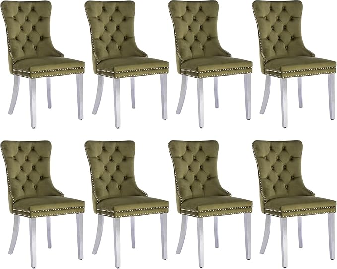 SoarFlash Velvet Dining Chairs Set of 8, Tall Back Side Chair, Modern Upholstered Side Chair with Button Back Ring, Silver Plated Stainless Steel Legs (Olive Green)