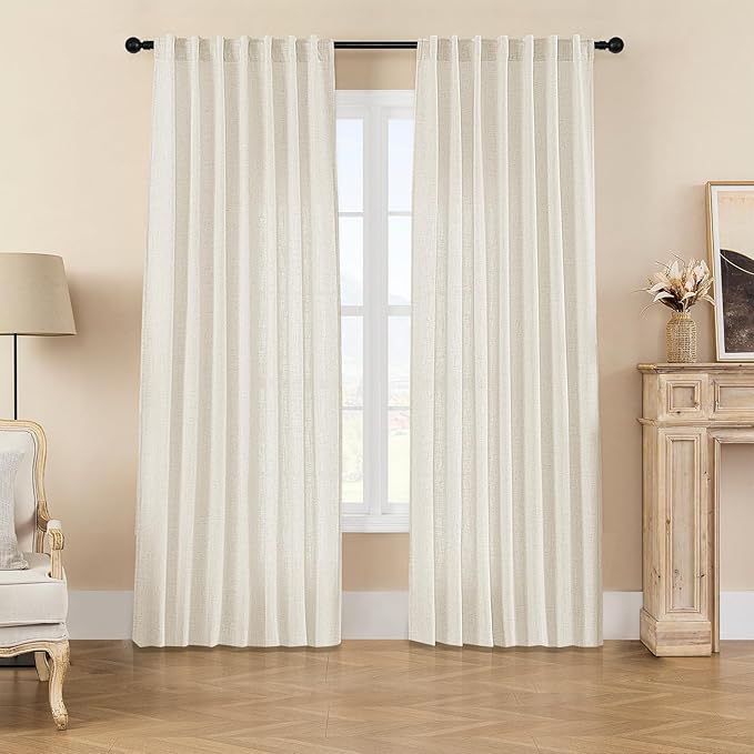 Joydeco Linen Curtains 2 Panel Set, Ivory on Linen Curtains 96 Inch Long, Light Filtering Drapes for Living Room, 70 Inches Wide Drapes with Rod Pocket Back Tab (96" L x 70" W, Ivory on Linen)