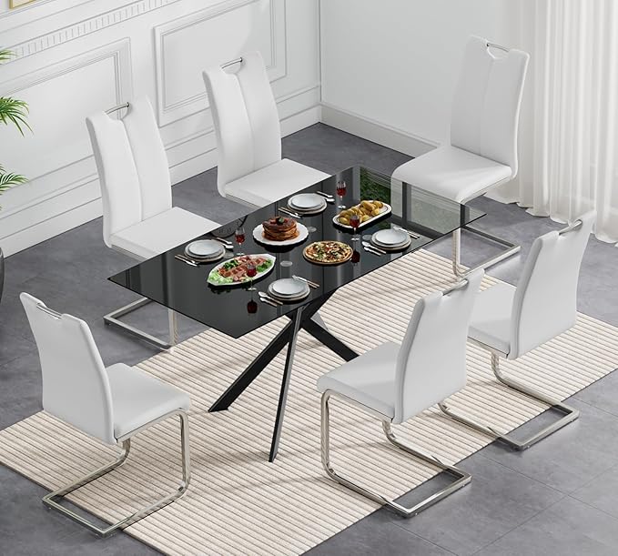 7 Piece Glass Dining Table Set, Glass Kitchen Dining Room Table Set for 6, Modern 51" Rectangular Black Glass Metal Dining Table with 6 White Leather Dining Chairs for Kitchen Dining Room