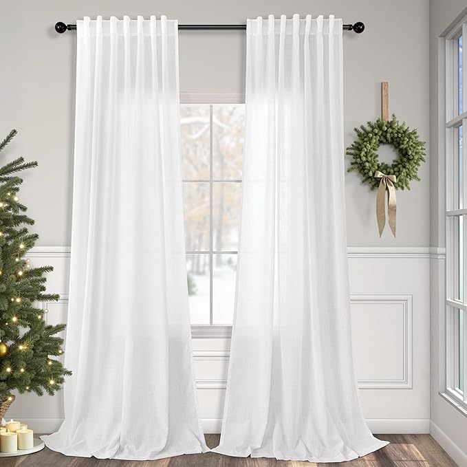 White Linen Curtains 108 Inches Long for Living Room 2 Panels Set Back Tab Drapes Semi Sheer Cotton Textured High Ceiling to Floor Curtains for Patio Stunning Bohemian Urban Industrial Farmhouse 9 FT