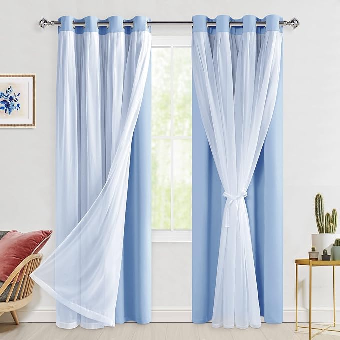 Hiasan Baby Blue Blackout Curtains with Sheer 84 Inches Long, Thermal Insulated Mix Match Double Layer Room Darkening Curtains for Bedroom, Living Room, 2 Window Drape Panels with Tiebacks, 52W X 84L