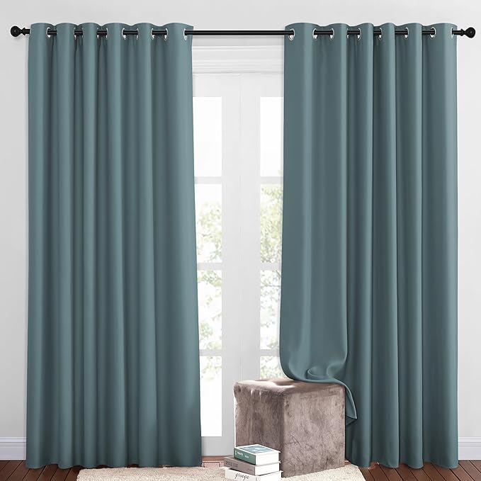 NICETOWN Blackout Living Room Curtains Extra Wide, Triple Weave Grommet Top Thermal Insulated Window Treatment Light Blocking Panels for Patio/Porch (Greyish Blue, W80 x L84, Set of 2)
