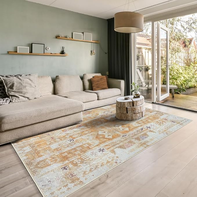 GLN Rugs Bohemian Collection - Machine Washable Area Rug, Bohemian Vintage, Non Slip, Low Pile Chenille Rug, Living Room, Bedroom, Bathroom Rug (5'x7' Yellow)