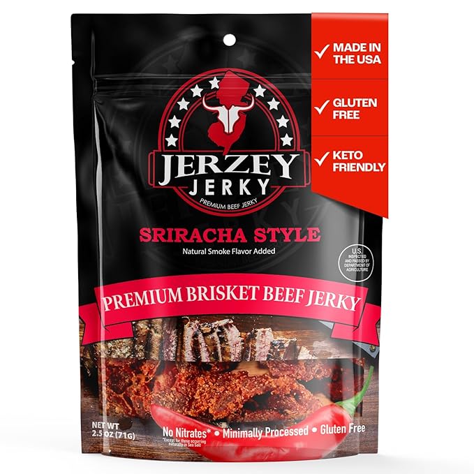Jerzey Jerky Sriracha Style Brisket Jerky 2.5oz – High Protein, Gluten Free and Healthy Beef Snacks with Rich, Authentic Flavor