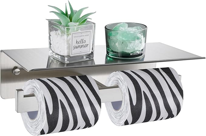 Suyar Double Toilet Paper Holder with Shelf, SUS 304 Stainless Steel Toilet Tissue Roll Holder, Brushed Nickel