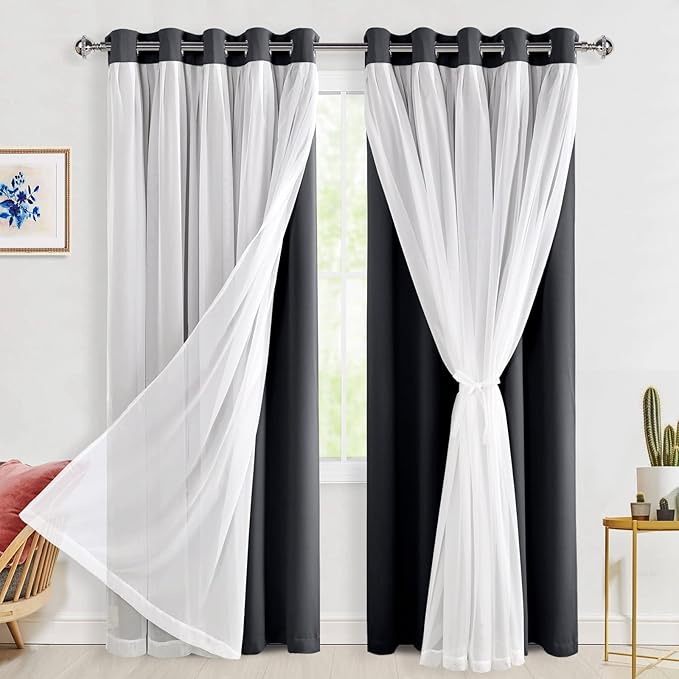Hiasan Black Blackout Curtains with Sheer Overlay, Grommet Thermal Insulated Mix & Match Double Layer Window Curtains for Bedroom, Living Room, 2 Drape Panels Sewn with Tiebacks, 60W X 84L