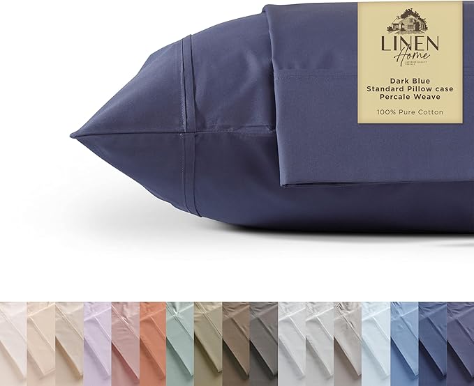 Linen Home 100% Cotton Percale Pillowcases Queen/Standard Size, Dark Blue, 2 Pieces of Pillow Case, Crisp and Cool Strong Bed Linen, 20 inches X 30 inches