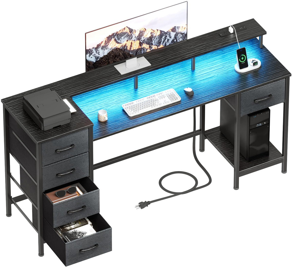 Korfile 55 Inch Gaming Computer Desk with Power Outlets,LED,5 Drawers,Black